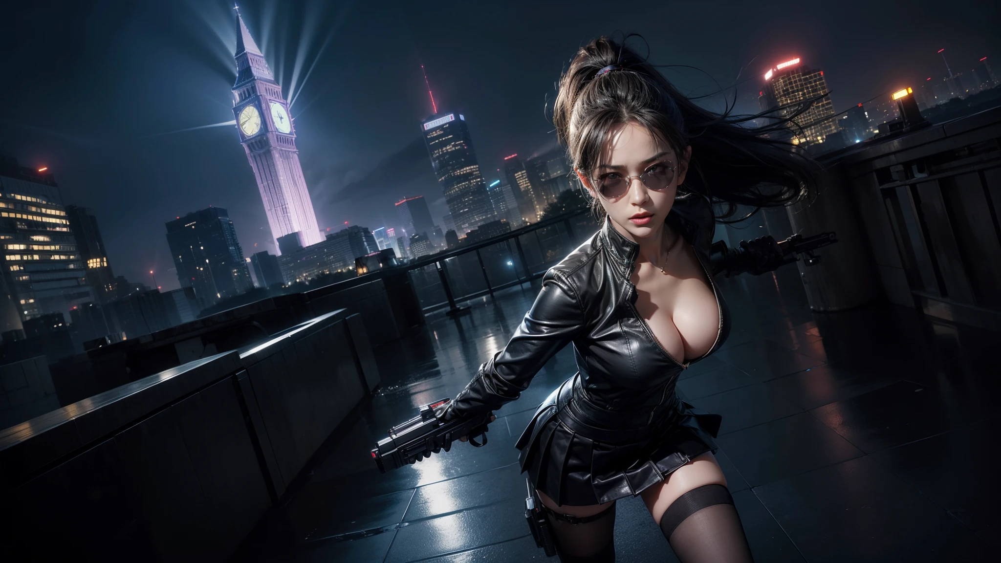 (Wide angle view). City Hunter style city, simple outlined neon tall buildings, glowing giant clock tower, helicopter, lightning, 3D rendering Beeple. At night, (1 girl as Kaori in City Hunter, solo, alone), photorealistic, medium-breast slim:0.6 body, oval:0.5 face, cleavage:1.1, sexy costume with deep-v, low view pleated miniskirt, glove, (Matrix style black micro sunglasses), ((aiming viewer with a short gun)), (running pose), (half-body thigh level close-up shot), cinematic lighting, ray tracing.