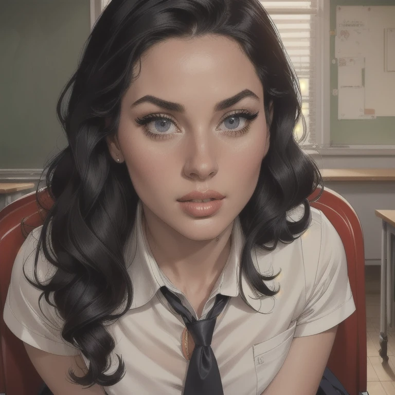 (1 girl in school uniform chewing gum, long curly black hair, defiant gaze, 1 schoolgirl looking at viewer, classroom scene, students around her), (best quality,4k,8k,highres,masterpiece:1.2),ultra-detailed,(realistic,photorealistic,photo-realistic:1.37), (portrait,school,classroom,education:1.1), (detailed facial features,beautiful detailed eyes,beautiful detailed lips,extremely detailed eyes and face,long eyelashes:1.2), (school uniform,pleated skirt,tie,button up shirt:1.1), (indoor,sitting,desk,chair:1.1), (natural lighting,warm colors:1.1), (highly detailed,hyper realistic,sharp focus:1.2)