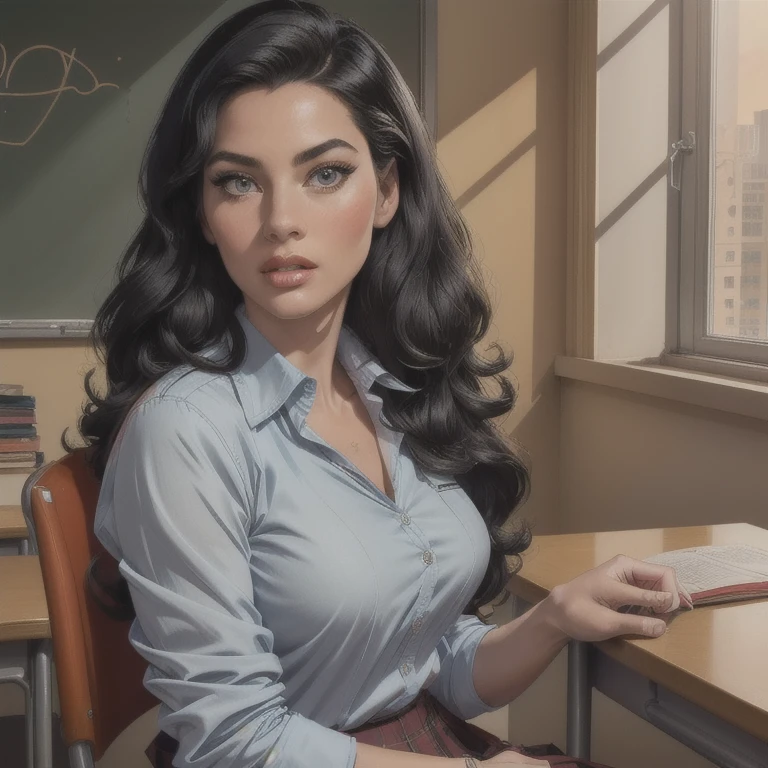 (1 girl in school uniform chewing gum, long curly black hair, defiant gaze, 1 schoolgirl looking at viewer, classroom scene, students around her), (best quality,4k,8k,highres,masterpiece:1.2),ultra-detailed,(realistic,photorealistic,photo-realistic:1.37), (portrait,school,classroom,education:1.1), (detailed facial features,beautiful detailed eyes,beautiful detailed lips,extremely detailed eyes and face,long eyelashes:1.2), (school uniform,pleated skirt,tie,button up shirt:1.1), (indoor,sitting,desk,chair:1.1), (natural lighting,warm colors:1.1), (highly detailed,hyper realistic,sharp focus:1.2)