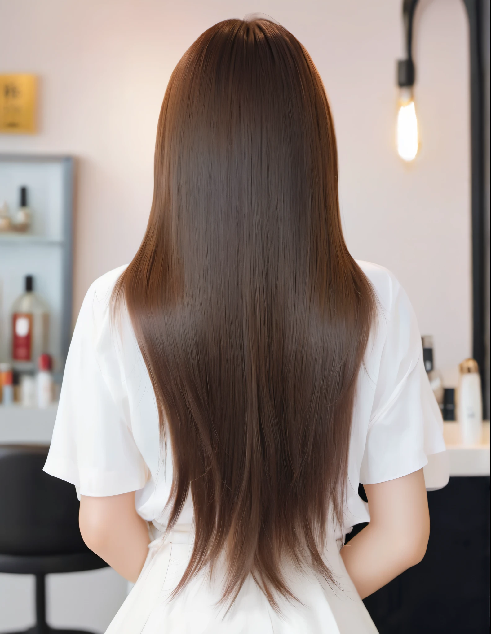Cute Beauty Salon、Back view、Beautiful straight hair、High resolution、hair down、Realistic Hair、Brown Hair、Shiny Hair、Shooting from directly behind、I can't see your face、Photo taken at the beauty salon、Highest quality