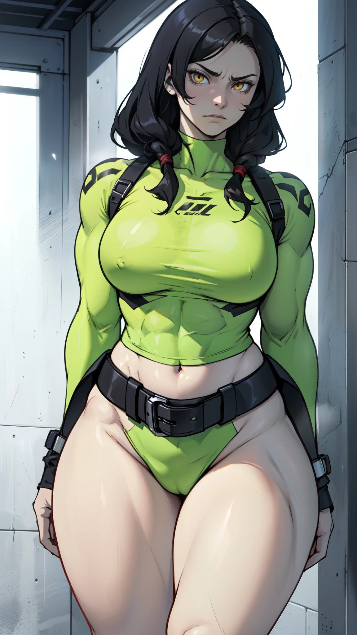 muscular girl thin waist large breasts thick pale skin black hair yellow eyes muscular girl thin waist large breasts thick muscular girl thin waist large breasts thick skintight sad expressionless