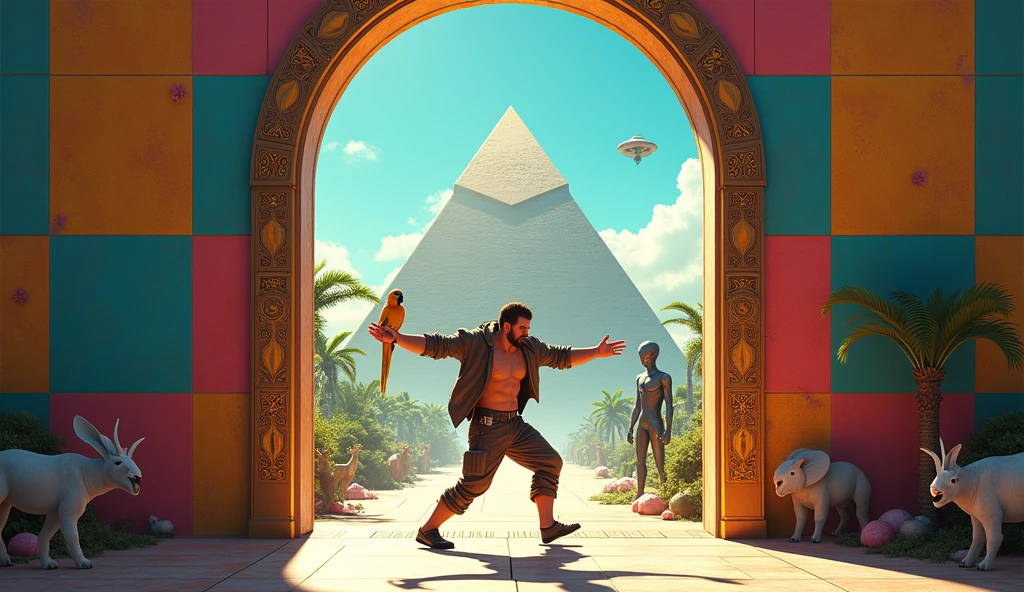 Un homme avec des vêtements futuristes pousse des deux mains des portes futuristes avec des figures géométriques de couleurs différentes sur la porte et devant lui une pyramide avec de l'herbe et des animaux ,le tout ressemblent à la peinture que j'ai publié et un robot et à côté devant une des portes et le personnage caucasien avec un Péroqué sur l'épaule et un aspect baroque est légèrement ajouté une soucoupe volante est ajouté et un extra terrestre petit gris.