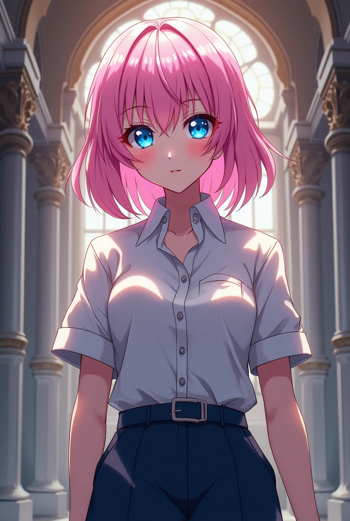 Of an academy hero with pink and white hair, blue eyes,  and wearing school clothes 