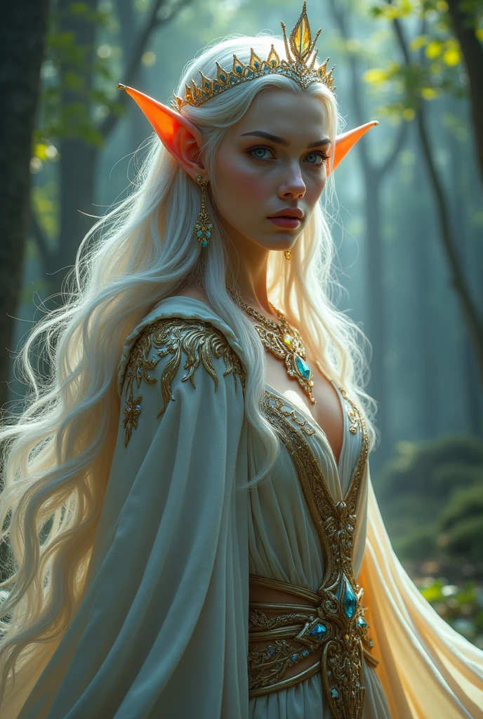 1. **face y hair:**
- **face:** sharp and elegant features, with pointed ears.
- **hair:** long and fluid, with a silver or gold tone that shines slightly.
2. **outfit:**
- **CLOTHES:** Suit embellished with ethereal and sparkling details, such as flowing capes and robes with intricate patterns of leaves and flowers.
- **Accessories:** Crystal tiaras or crowns and gemstone jewelry that emits a soft light.
3. **weapon:**
- **weapon:** An elegant bow or sword with magical engravings, possibly with a design that reflects nature.
4. **around:**
- **Environment:** The character is in a magical forest with glowing trees and an enchanted nature background.
Make sure to capture the grace and mystery of the elves, with a majestic and magical air.