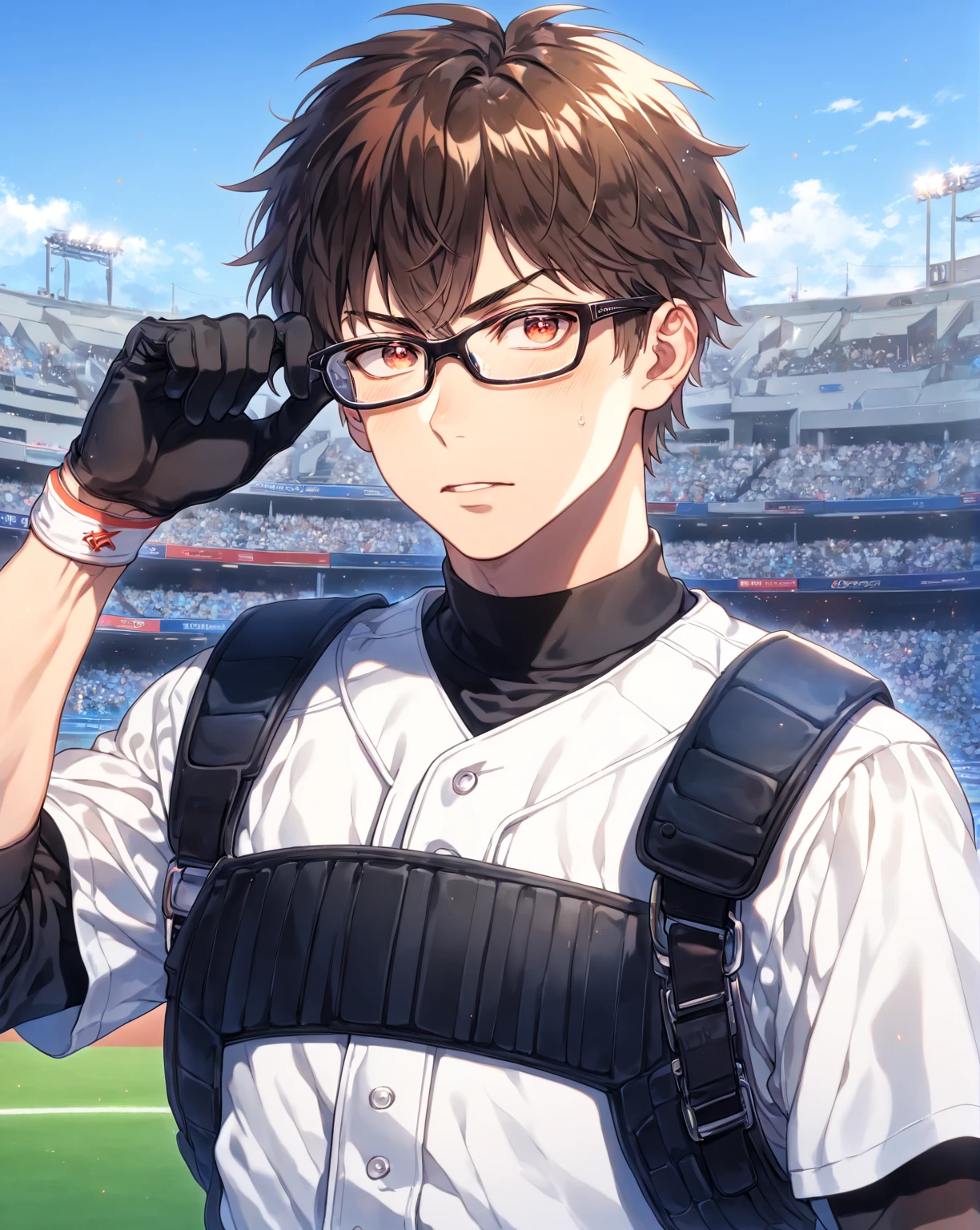 absurdres, highres, ultra detailed, HDR, master piece, Miyuki Kazuya, brown hair, expressive amber eyes, black glasses, white baseball uniform, Diamond No Ace, sexy man, handsome, best quality, fantasy, magical, solo, sensual, stadium, blue sky, manly man, black gloves,