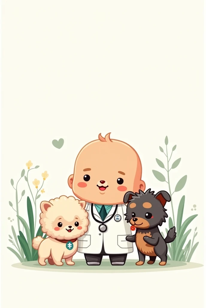 Prompt for illustration:

    styled: Chibi Characters:
        vet: With big head and , wearing a white coat and a stethoscope.
        Little puppies:
            Poodle Branca: Fluffy and voluminous fur, simplified in chibi style.
            Yorkshire: Short and spiky fur, simplified but maintaining the characteristic texture.
    Scenario: White background with subtle nature elements, like green leaves, small shrubs and maybe some flowers.