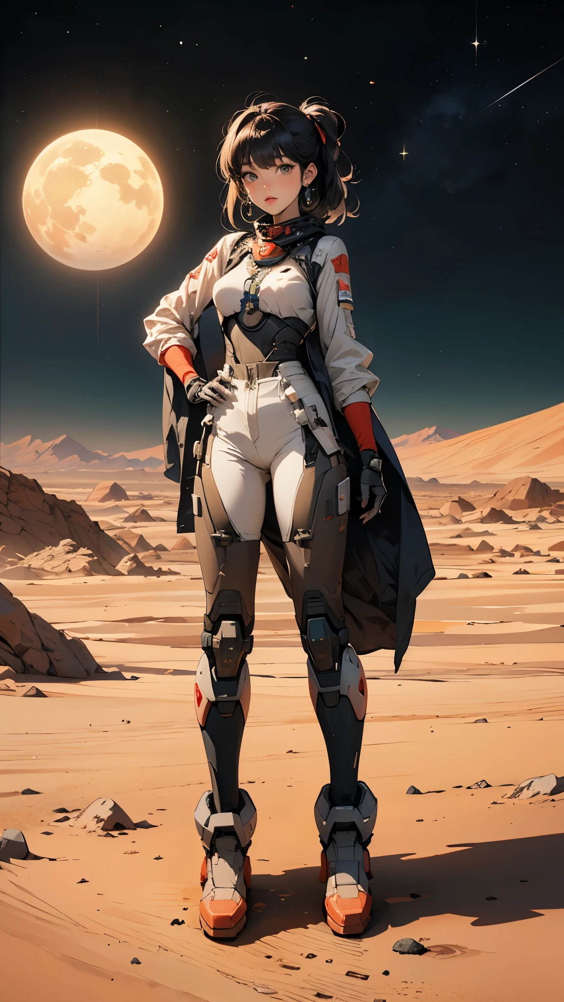(obra de arte, melhor qualidade, Ultra-detalhado:1.3), mechgirl. The mars rover opportunity reimagined as an attractive anime woman, in mars, desert, dust. solar panels. "hybrid human-rover" mechgirl, ground view , full body
