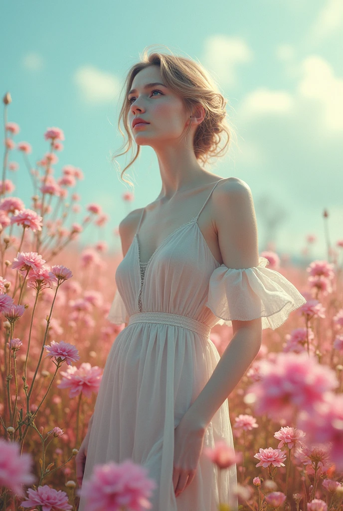 woman in a dress standing in a field of flowers, dreamy and ethereal, ethereal beauty, a goddess in a field of flowers, Incredibly ethereal, ethereal and dreamy, a stunning young ethereal figure, monia merlo, very ethereal, soft ethereal lighting, in a field of flowers, pale and beautiful skin, with frozen flowers around her, in a field with flowers