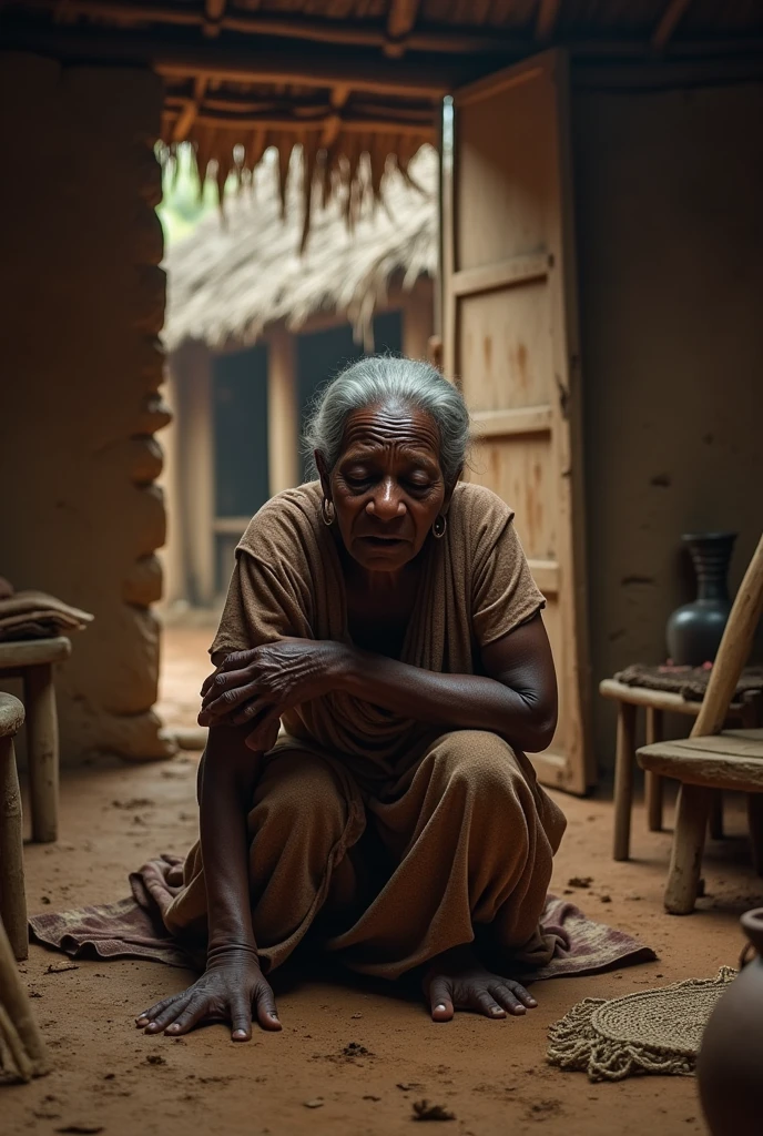 Generate an image of an African old woman in tears and crying heavily on the floor of her living room in a village setting