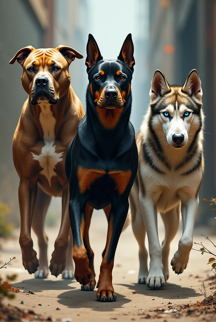 3 dogs. 1 Pitbull 1 doberman 1 husck