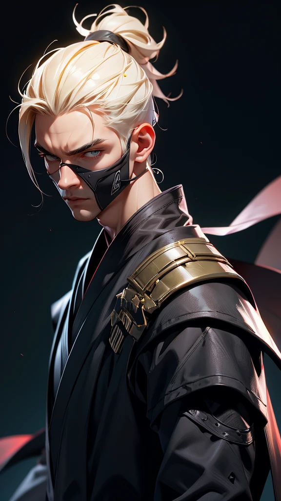 envision a 8k, highres, semi realistic cinematic close up portrait of a soft ninja man with a slender muscular body, clean shaved, sleek pale blonde hair, and pale yellow eyes, pale ninja robes, ninja armor, mortal kombat ninja mask, half face mask, against a dark gray background