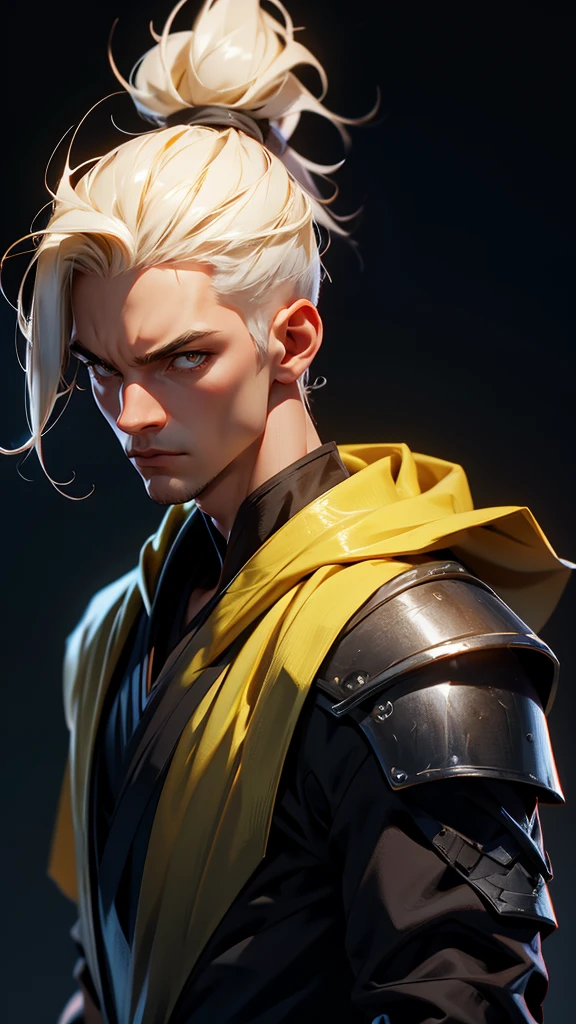 envision a 8k, highres, semi realistic cinematic close up portrait of a soft ninja man with a slender muscular body, clean shaved, sleek pale blonde hair, and pale yellow eyes, pale ninja robes, ninja armor, mortal kombat ninja mask, half face mask, against a dark gray background