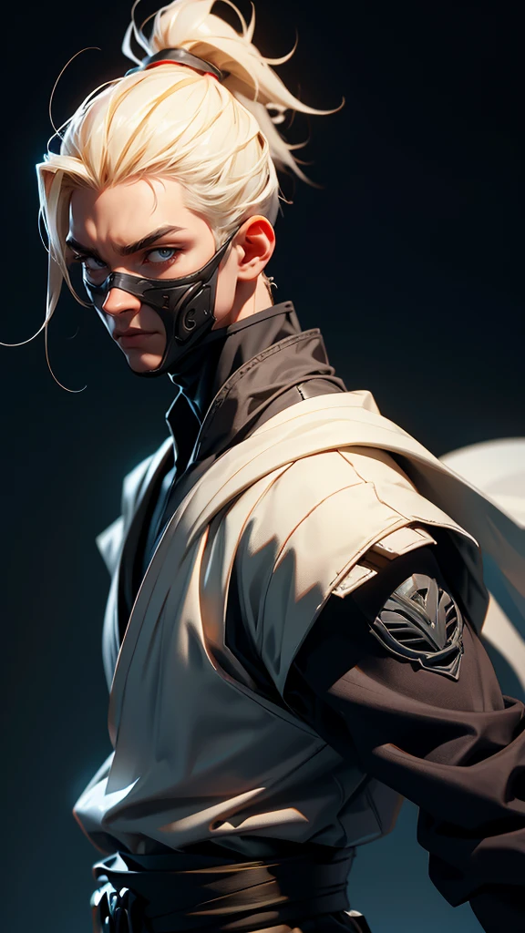 envision a 8k, highres, semi realistic cinematic close up portrait of a soft ninja man with a slender muscular body, clean shaved, sleek pale blonde hair, and pale yellow eyes, pale ninja robes, ninja armor, mortal kombat ninja mask, half face mask, against a dark gray background