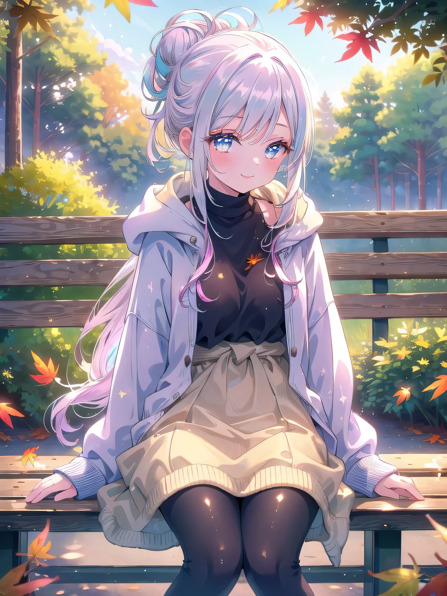 ((8k, Highest quality, masterpiece: 1.3)),Ultra-high resolution,(1 girl, alone), (Color changing eyes, Ultra-detailed, Expressive brilliance, Glitter, Glowing Eyes), Highly detailed eyes, Highly detailed face, Random Hair, ((pastel colour)The woman is at a picnic table in a quiet park, where a single, neatly wrapped burrito sits on a paper plate in front of her. She’s dressed in a relaxed, oversized hoodie and leggings, her hair pulled into a messy bun. The trees around them sway gently in the breeze, and the late summer leaves are beginning to turn slightly golden. She looks at the camera with a relaxed, content smile, her eyes half-closed in a moment of peaceful bliss as she leans back against the bench, clearly enjoying the serene atmosphere with her boyfriend. (nsfw:1.2)