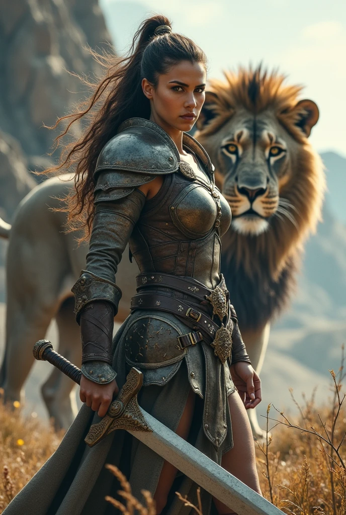 Woman with sword and lion behind, off