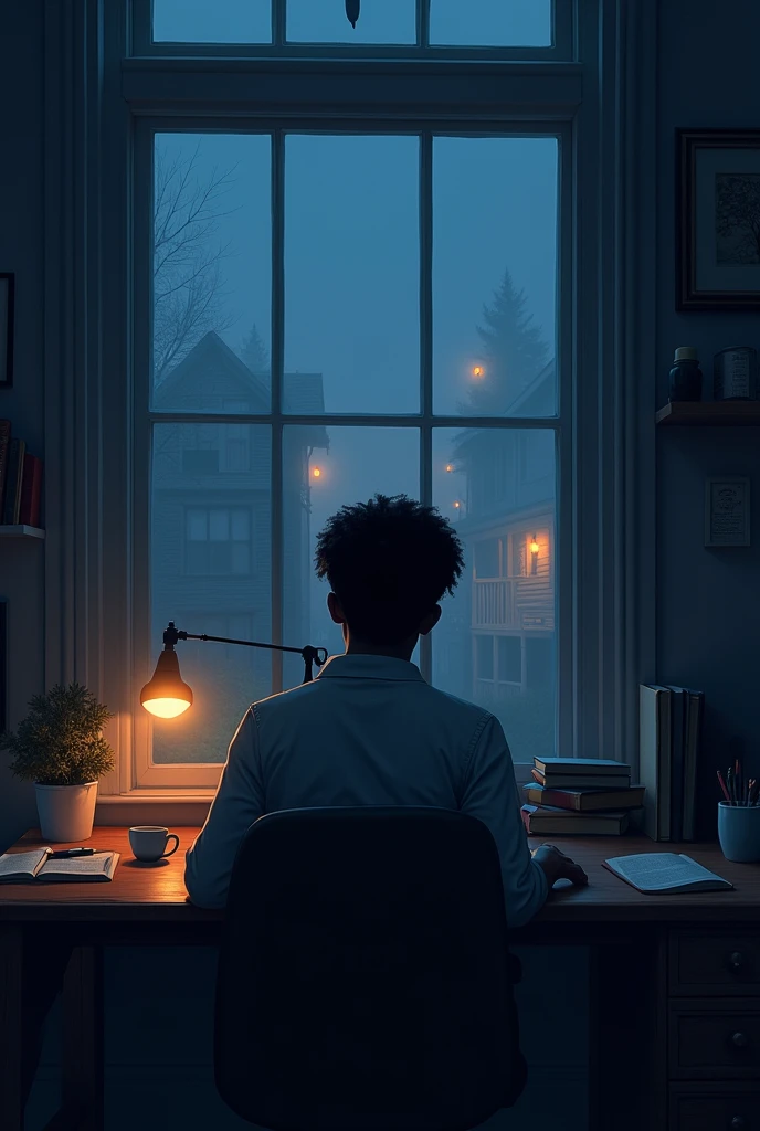 A room with little light, a table next to a US flag, with books, notebooks pens, computer, a glass of milk and coffee, and on the table is next to a window with a beautiful view of a beautiful neighborhood at night with fog, young african american
