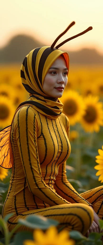 The most beautiful,thin,most pretty and clever Malaysian muslimah adult girl wears bee lycra turtleneck unitard catsuit covered with bee stripes with a pair of wings.She always wear bee lycra dancewear stretchy hijab covered with many stripes with a pair of long antennae.She is sitting on the sunflower.