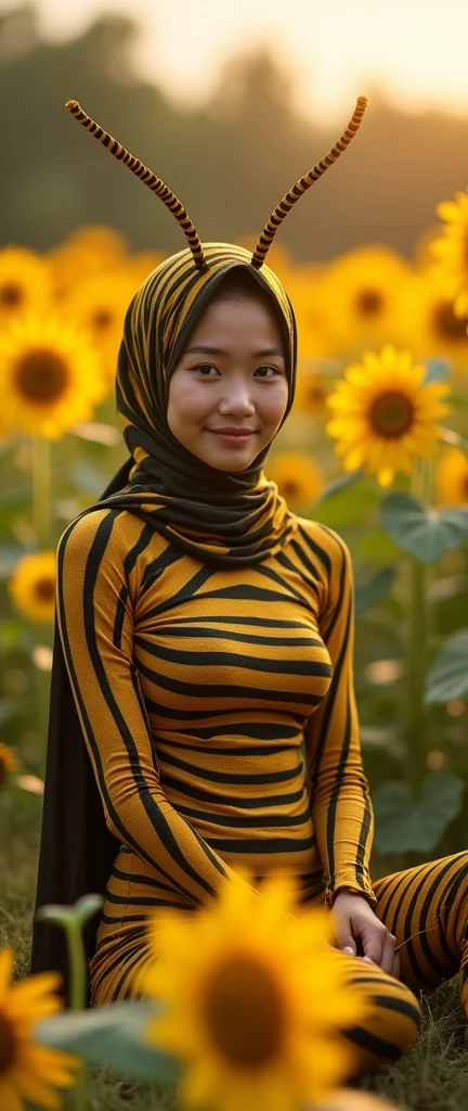 The most beautiful,thin,most pretty and clever Malaysian muslimah adult girl wears bee lycra turtleneck unitard catsuit covered with bee stripes with a pair of wings.She always wear bee lycra dancewear stretchy hijab covered with many stripes with a pair of long antennae.She is sitting on the sunflower.


