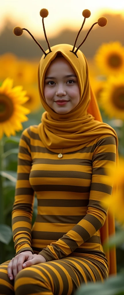 The most beautiful,thin,most pretty and clever Malaysian muslimah adult girl wears bee lycra turtleneck unitard catsuit covered with bee stripes with a pair of wings.She always wear bee lycra dancewear stretchy hijab covered with many stripes with a pair of long antennae.She is sitting on the sunflower.


