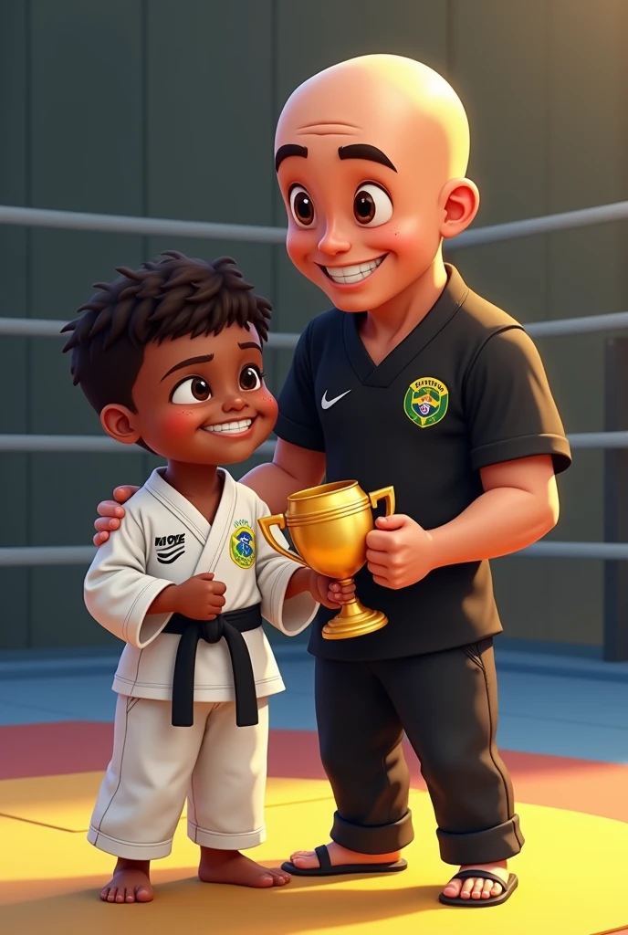 Create an image of a chubby black boxer child wearing a white kimono with the symbol of Brazil and Nike and a black belt on a mat smiling and next to his bald white male coach with a black shirt and the symbol of Brazil and judo and Nike with black pants and happy and the two together holding the golden trophy happy with the victory smiling normally with