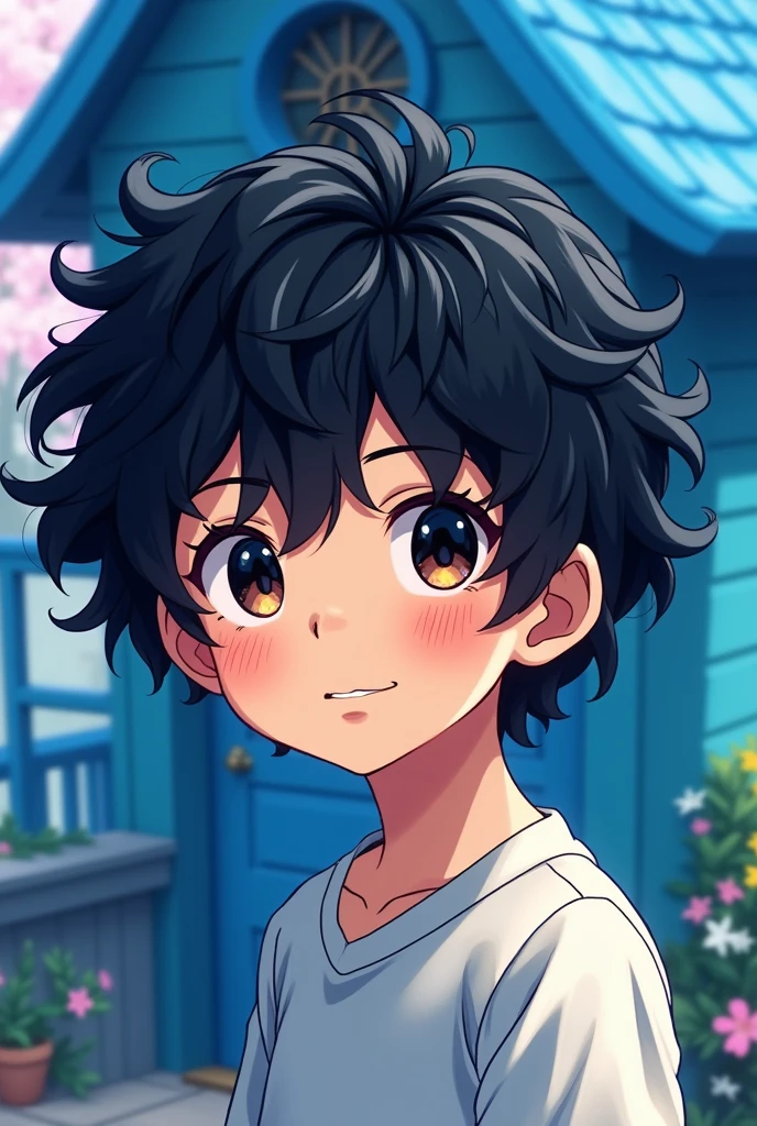 boy color white, black curly hair utra quality detailing anime style background a blue house