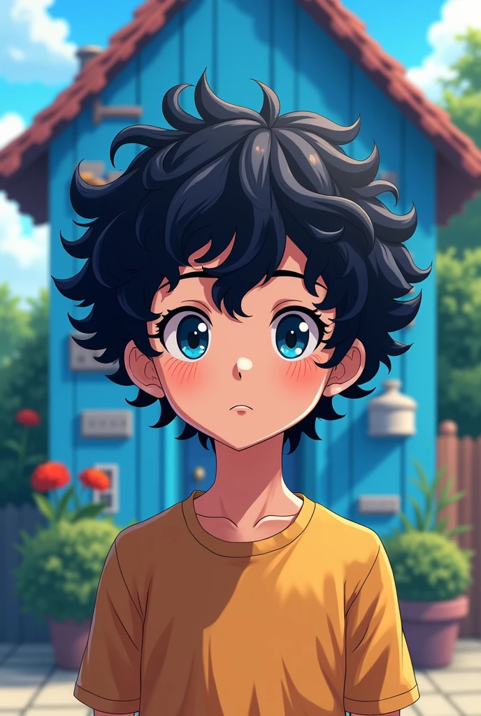 boy color white, black curly hair utra quality detailing anime style background a blue house