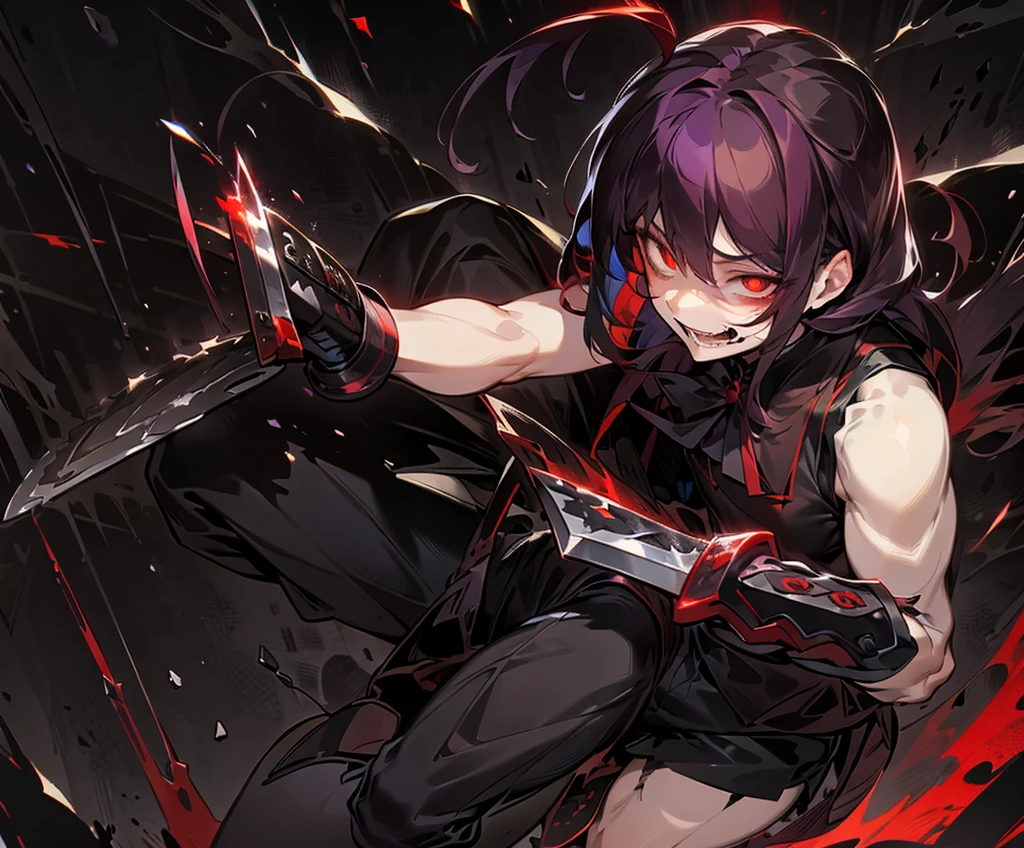 A boy , with fluffy hair , very dark purple hair ,Red eyes , wear a formal sleeveless vest , black color , Black pants , Moccasin shoes , He has a knife in his hand , blood , a crazy expression of love, psychopath 