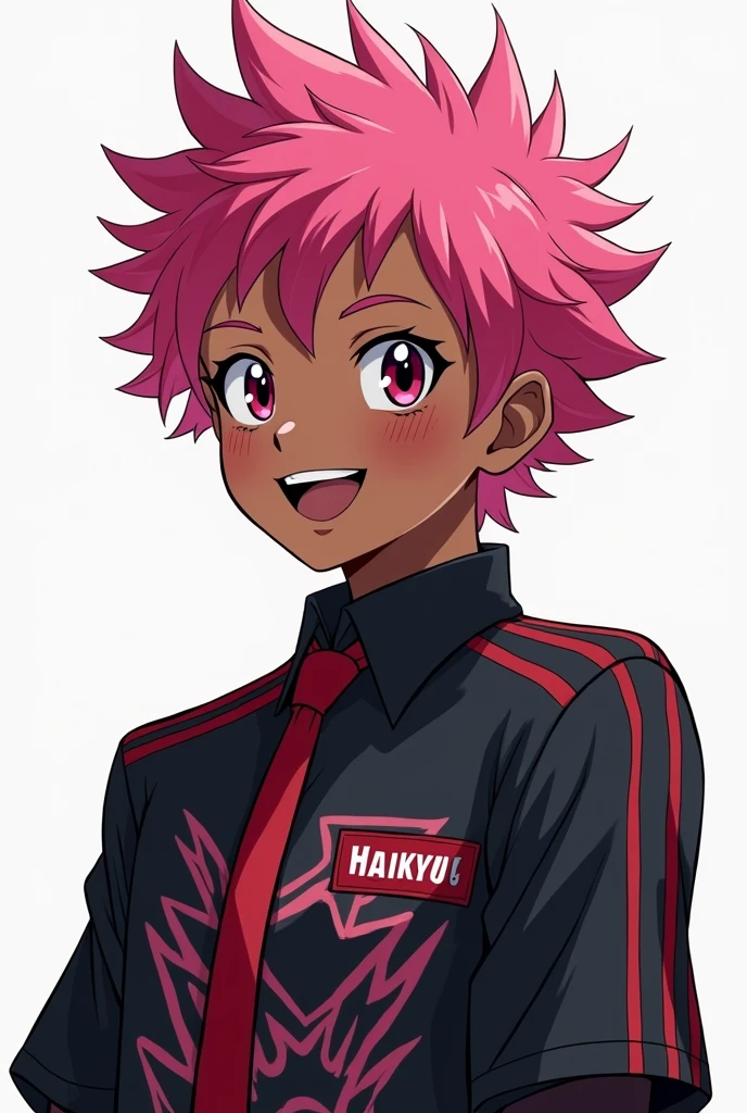 a black boy, with pink hair in a black blouse Haikyuu style
