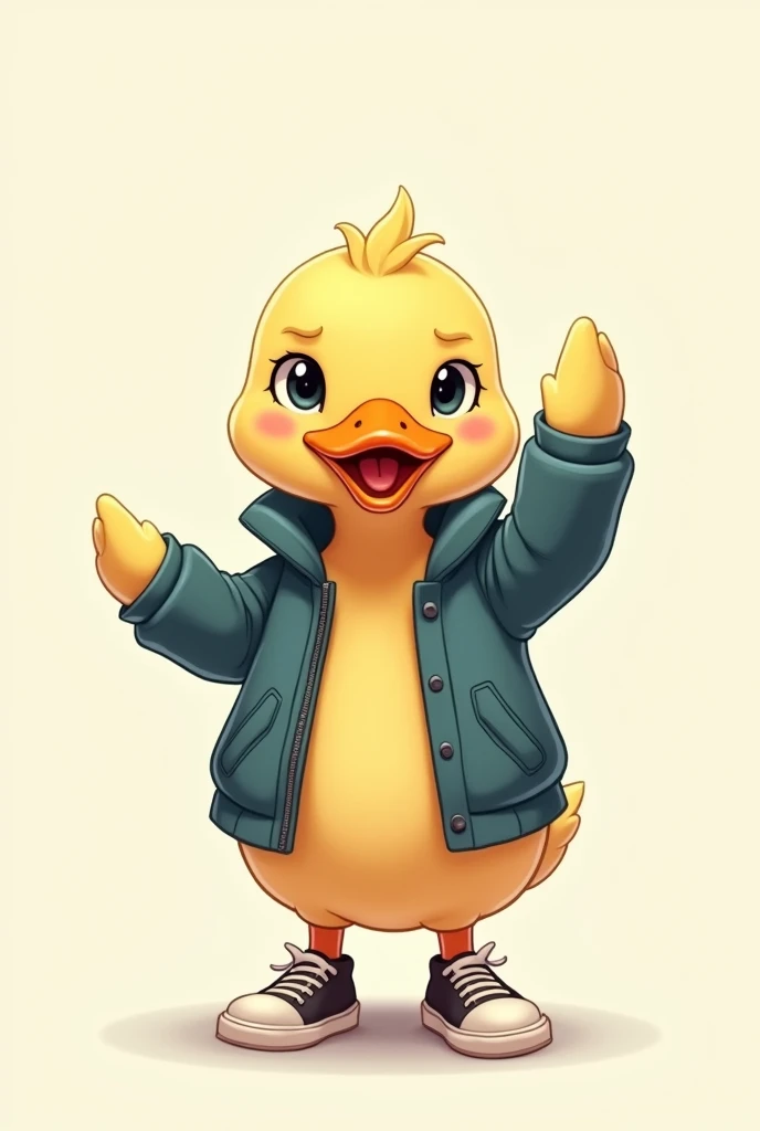 cute duck with hand up, in a jacket and sneakers