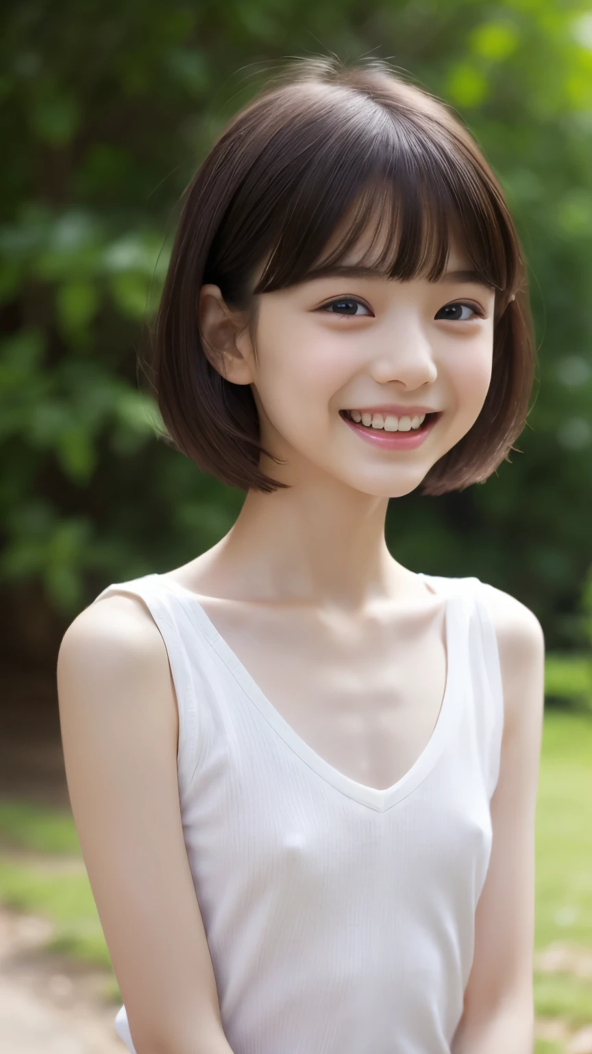 realistic, photo-realistic, best quality, masterpiece, high resolution, intricate details, extremely detailed,full body, solo, 1girl, a Japanese girl, cute, beautiful, very , child-like aance,
skinny,slim,thin,thin arms,thin legs,bare legs, sandals,narrow shoulders,(covered nipples),(flat chest, thin chest:1.3),realistic detailed face,realistic detailed eyes, sophisticated nose, pale skin,dark hair, bowl cut hair,big smile, photo background, outdoors,