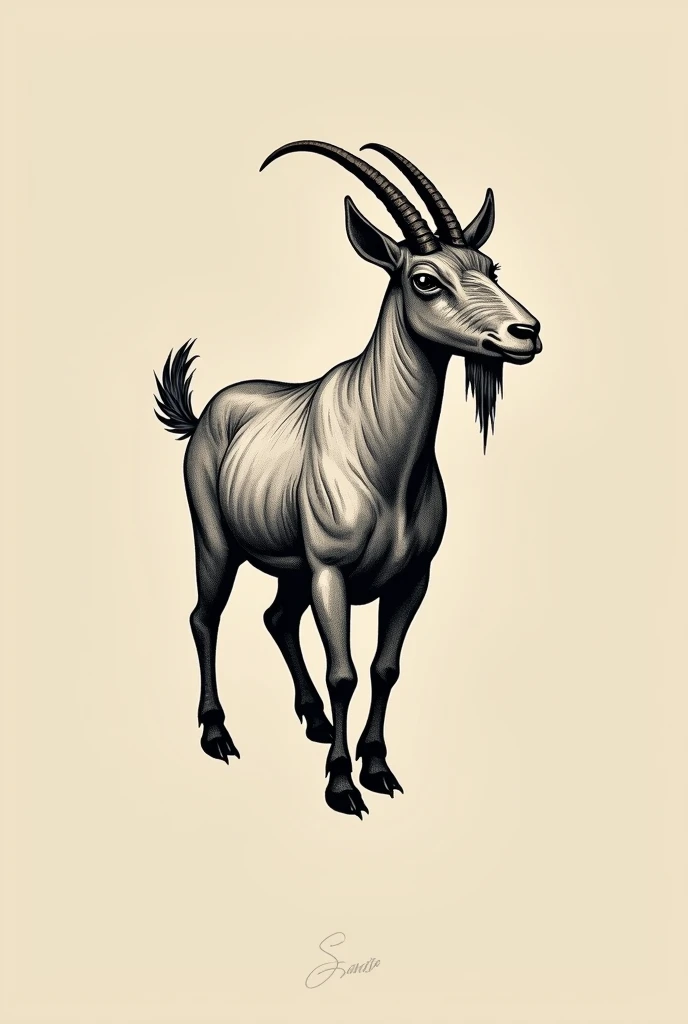Create a goat tattoo in the style of Netflix's Sabrina series , only black color , 7 cm tattoo , old school style tattoo , simple tattoo, no leftovers