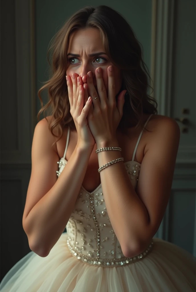 WOMAN MUST BE SHOCKED, WITH HANDS OVER MOUTH IN PASSADA. LISTENING TO THE NEWS FROM ANOTHER LADY. YOU HAVE A PROM DRESS. EA MUST HAVE A WORRIED EXPRESSION ON HIS FACE