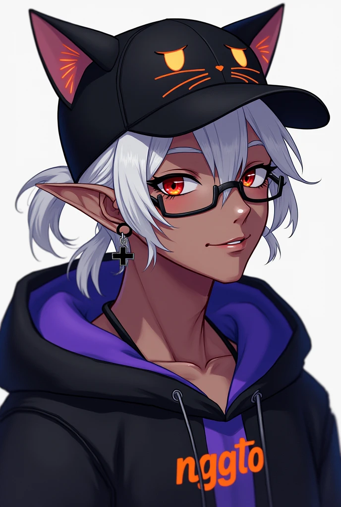 young man, Black skin tone, dark red eyes, elf ear small size, black earring in the shape of a cross but with two ears, wears prescription glasses, White hair, hair tied with ponytail, 2 strands of hair in the front, wears a black cap with a cat face, wears a closed hood with two different colors, black on one side and purple on the other, with an orange name written: NGGTO