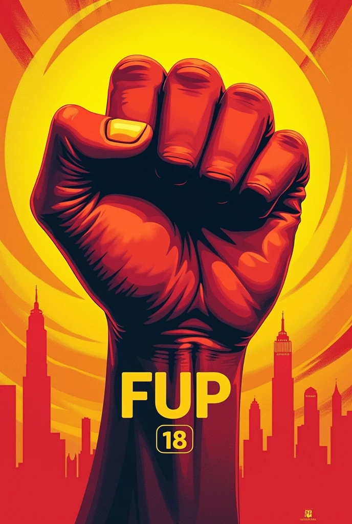 An image of a fist involving politics with the name Fup and number 18 with red and yellow color 
