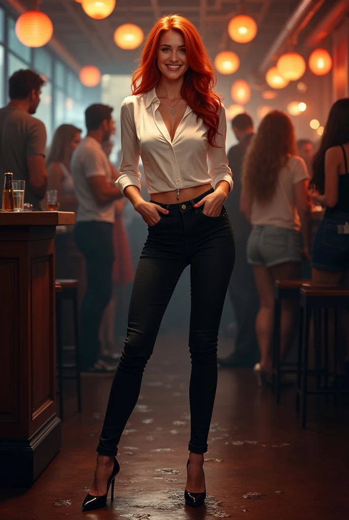 attractive ginger woman wearing black skinny jeans, high heel pumps, white blouse, standing in a crowded bar, wetting, big smile, pee stains are gleaming wet,