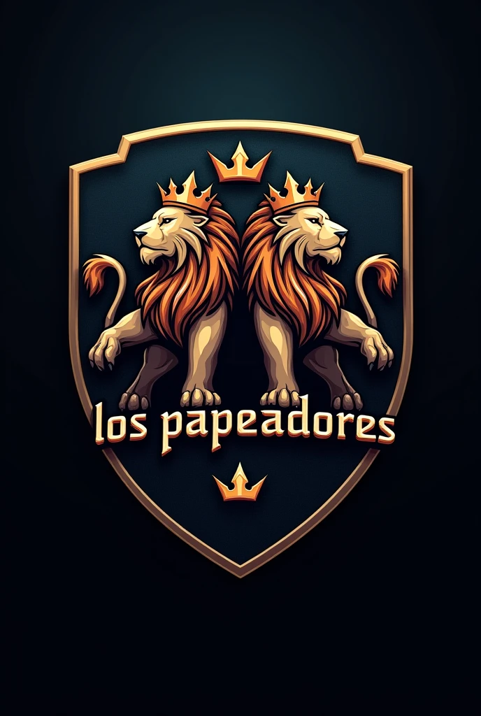 Create a logo for an eSports team, It has to be like a shield with lions with crowns, and the text must be "Los★Papeadores"