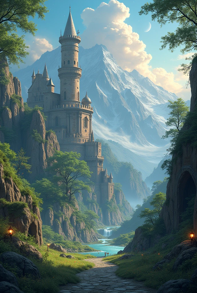 Create a stunning image of the world of Eláris. Imagine a vast and magical continent, with a combination of varied and fantastic landscapes. Includes:
1. **Magical Landscapes:**
- **Bright Forests:** Trees with leaves emitting a soft golden light, creating an ethereal and enchanted atmosphere.
- **steep mountains:** High and majestic peaks, with snow-capped peaks and deep valleys filled with mysterious fog.
2. **Estructuras y Dungeons:**
- **Ancient ruins:** Abandoned and partially ruined structures with mysterious inscriptions, surrounded by lush vegetation.
- **Dungeons:** Dark caverns with walls illuminated by bright blue-colored crystals, and an ominous atmosphere.
3. **Diversity of Fauna and Flora:**
- **Magical Creatures:** Includes seres como dragones pequeños, luminous fairies, and creatures with exotic shapes.
- **Unique Flora:** Oddly shaped plants with vibrant colors, some that seem to move or shine.
4. **Races and Architecture:**
- **Elven Cities:** Elegant and ethereal buildings built in harmony with nature, with suspension bridges and glass towers.
- **Dwarf Fortresses:** Robust and solid structures, carved in rock with details in metal and stone.
5. **General Environment:**
- **Magical Sky:** A sky that can have unusual hues, with auroras and bright stars.
- **mystical atmosphere:** An environment that combines the majestic with the mysterious, with lights and shadows that create a fantasy atmosphere.
Make sure you capture the essence of an epic and magical fantasy world, with a sense of grandeur and mystery.
