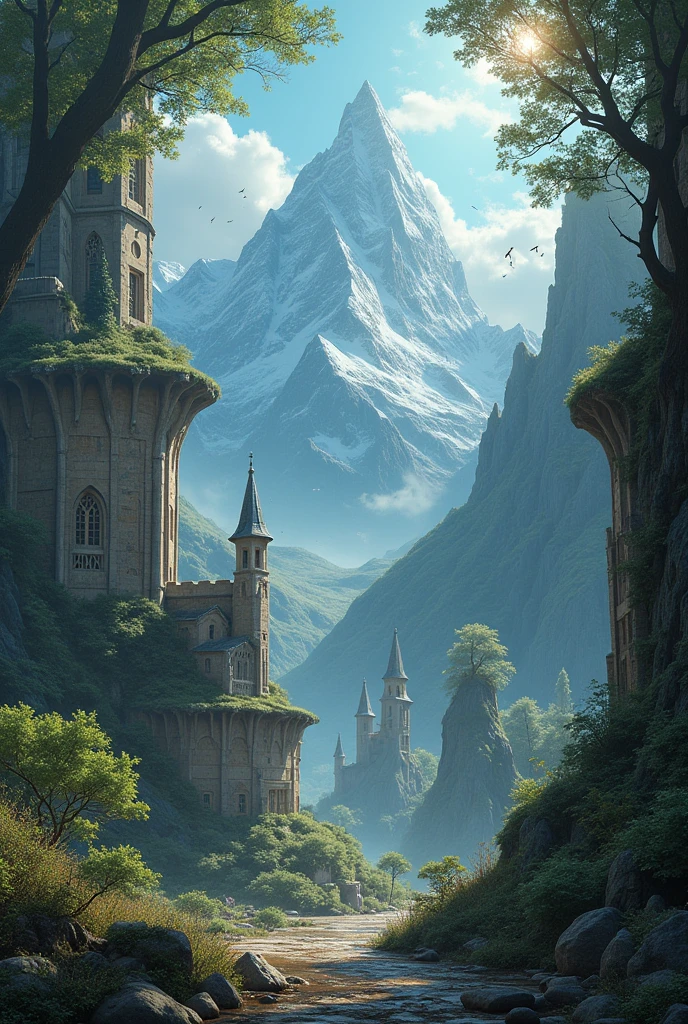 Create a stunning image of the world of Eláris. Imagine a vast and magical continent, with a combination of varied and fantastic landscapes. Includes:
1. **Magical Landscapes:**
- **Bright Forests:** Trees with leaves emitting a soft golden light, creating an ethereal and enchanted atmosphere.
- **steep mountains:** High and majestic peaks, with snow-capped peaks and deep valleys filled with mysterious fog.
2. **Estructuras y Dungeons:**
- **Ancient ruins:** Abandoned and partially ruined structures with mysterious inscriptions, surrounded by lush vegetation.
- **Dungeons:** Dark caverns with walls illuminated by bright blue-colored crystals, and an ominous atmosphere.
3. **Diversity of Fauna and Flora:**
- **Magical Creatures:** Includes seres como dragones pequeños, luminous fairies, and creatures with exotic shapes.
- **Unique Flora:** Oddly shaped plants with vibrant colors, some that seem to move or shine.
4. **Races and Architecture:**
- **Elven Cities:** Elegant and ethereal buildings built in harmony with nature, with suspension bridges and glass towers.
- **Dwarf Fortresses:** Robust and solid structures, carved in rock with details in metal and stone.
5. **General Environment:**
- **Magical Sky:** A sky that can have unusual hues, with auroras and bright stars.
- **mystical atmosphere:** An environment that combines the majestic with the mysterious, with lights and shadows that create a fantasy atmosphere.
Make sure you capture the essence of an epic and magical fantasy world, with a sense of grandeur and mystery.