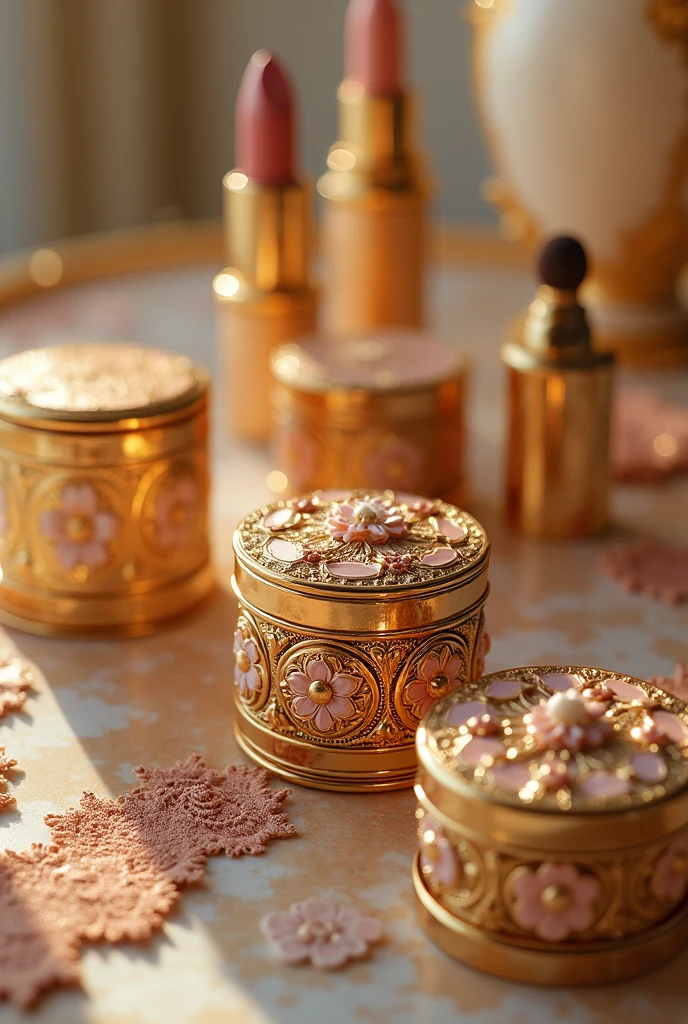 A complete line of various makeup products with packaging inspired by the Palace of Versailles and Marie Antoinette