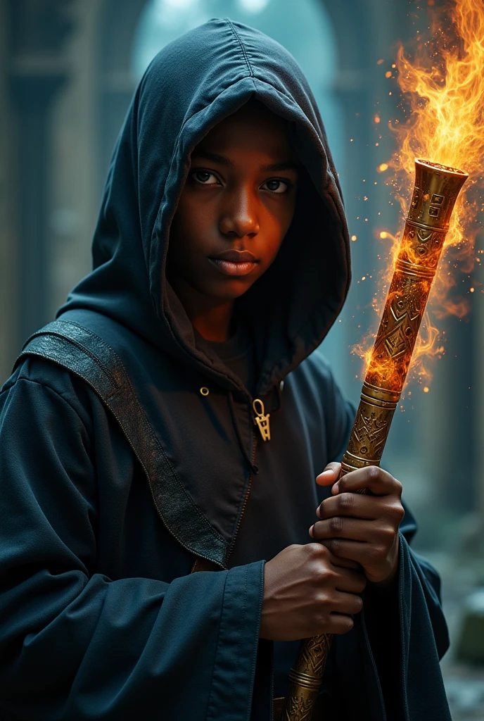 (photorealism:1.2), A young angry magician with black skin head down with a hood and a stick in his hands that shines who does magic with eyes that shine