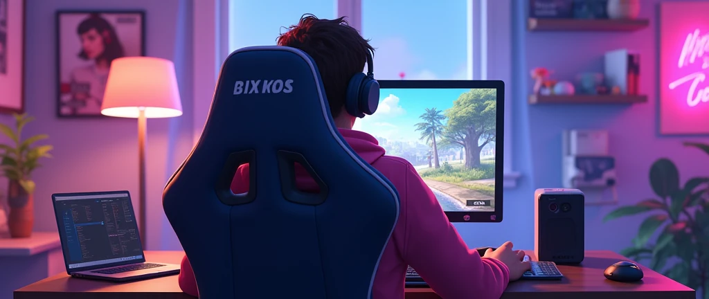 create an image of a streamer playing overwatch but horizontally so that the whole set up can be seen and that the streamer can be seen from behind, not from the side, please and that the image can be seen horizontally and that it looks animated, animated, ANIMATED, NOT A REAL PERSON, THAT IT IS AN ADULT PERSON WITH AN OVERWATCH CHAIR AND THE PERSON PLAYING OVERWATCH ON HIS/HER PC ON HIS/HER PC UNDERSTANDS WITH AN OVERWATCH CHAIR AND ALL THAT PLEASE ARTICIAL INTELLIGENCE PAY ATTENTION TO WHAT I TELL YOU