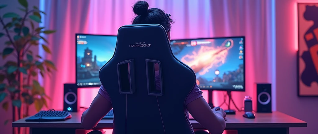 create an image of a streamer playing overwatch but horizontally so that the whole set up can be seen and that the streamer can be seen from behind, not from the side, please and that the image can be seen horizontally and that it looks animated, animated, ANIMATED, NOT A REAL PERSON, THAT IT IS AN ADULT PERSON WITH AN OVERWATCH CHAIR AND THE PERSON PLAYING OVERWATCH ON HIS/HER PC ON HIS/HER PC UNDERSTANDS WITH AN OVERWATCH CHAIR AND ALL THAT PLEASE ARTICIAL INTELLIGENCE PAY ATTENTION TO WHAT I TELL YOU