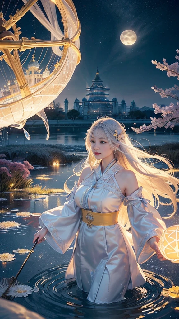 adorable_girl,fair_skin,huge filesize,colorful,beautiful detailed glow, detailed ice, beautiful detailed water, (magic circle:1.2), (floating palaces:1.3),beautiful detailed pampas grass field, open hakama, surrounded by floating sakura, yellow full moon, beautiful detailed dark midnight sky, messy white long hair,:d,