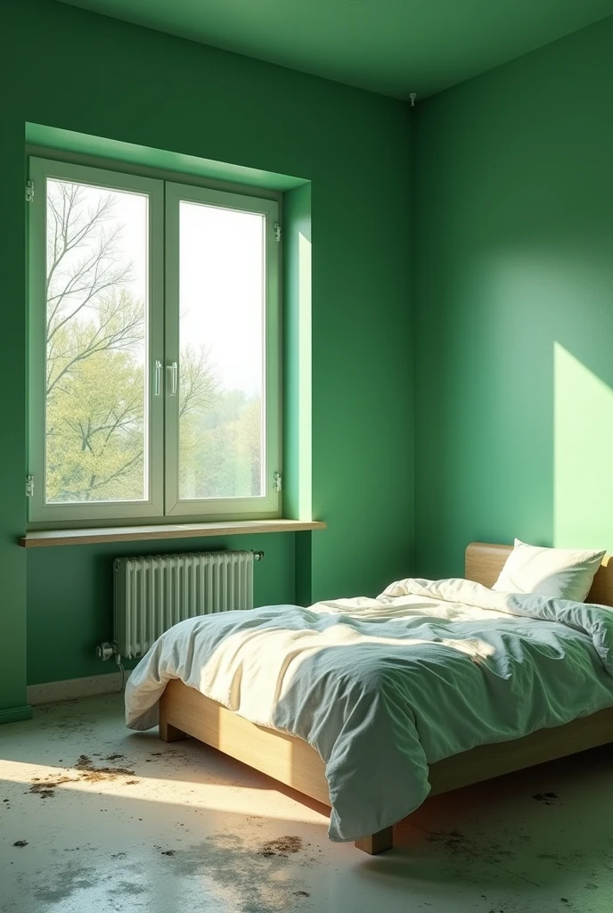 Create an image of a room under renovation with green walls with a bed next to an open window.