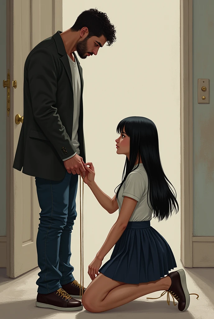 A young schoolgirl with long hair, lisos e negros, with thick legs and beautiful breasts, kneeling, looking up while tying the shoelace of a tall, somewhat strong man