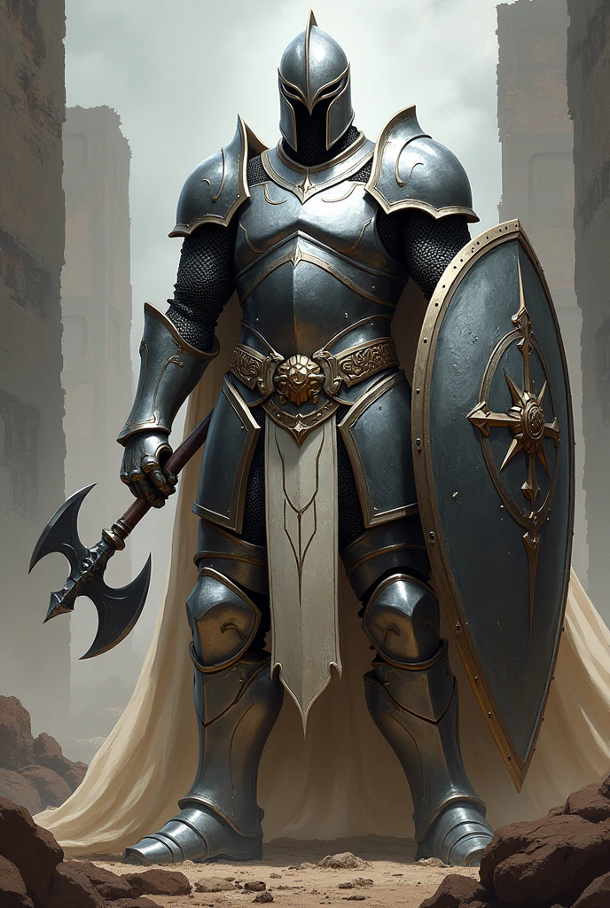 human paladin, with a battle axe in one hand and a shield in the other with shining silver armor