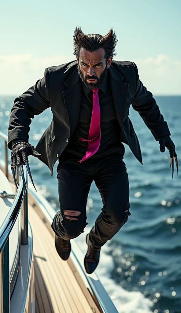 Strong Wolverine character, with ripped black suit and pink tie, on the tip of a yacht jumping into the sea, Further away from the camera with as much detail and high definition as possible, HD, Realistic. Black color shaded screen background with white.