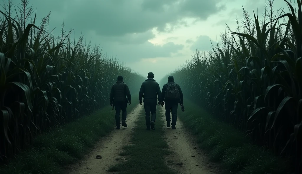 illustration of a dirt road in a cornfield, where mysterious and dark things happen,make a group of legend hunters exploring the cornfield, they are being attacked by a mysterious being, use dark and somber tones, make an image to convey fear, extremely detaild, photoshot_\( ultra\), photoshotrealisitic, realisitic, Post-processing, Maximum details, roughness, real-life, ultrarealisitic, photoshotrealism, photoshotgraphy, 8k hd, photoshotgraphy