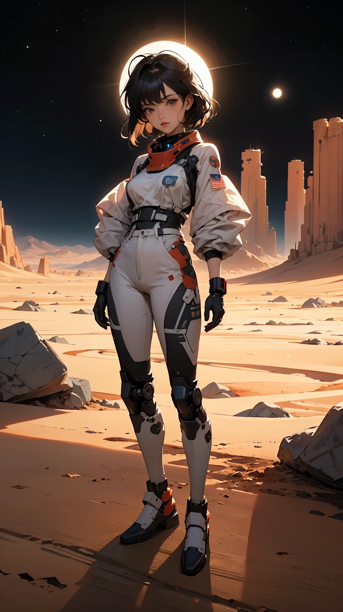 (obra de arte, melhor qualidade, Ultra-detalhado:1.3), mechgirl. The mars rover opportunity reimagined as an attractive anime woman, in mars, desert, dust. solar panels. "hybrid human-rover" mechgirl, ground view , full body