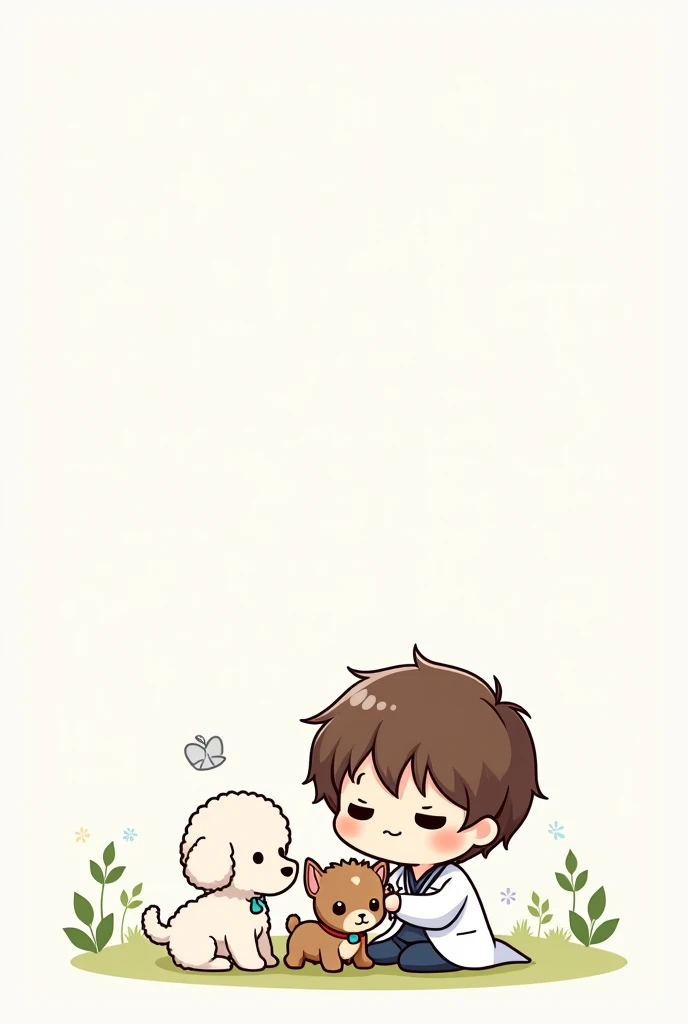 Prompt for illustration:
styled: Chibi Characters:
vet: With big head and , wearing a white coat and a stethoscope. short brown hair.
Little puppies:
Poodle Branca.
Yorkshire: Short and spiky fur.
Scenario: White background with subtle nature elements, like green leaves, small shrubs and maybe some flowers.